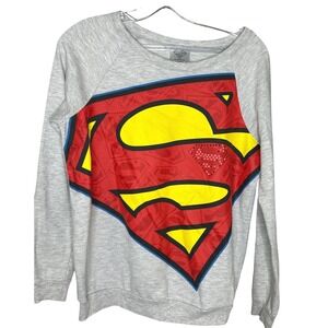 DC Comics Superman MEDiUM Womens Heather Gray Graphic Sweatshirt Rhinestone Logo